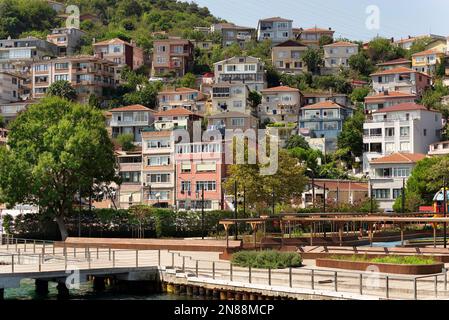 Vista dal mare delle verdi montagne di Rumeli Kavagi, sul lato europeo dello stretto del Bosforo, con case tradizionali e alberi densi in un giorno d'estate, Istanbul, Turchia Foto Stock