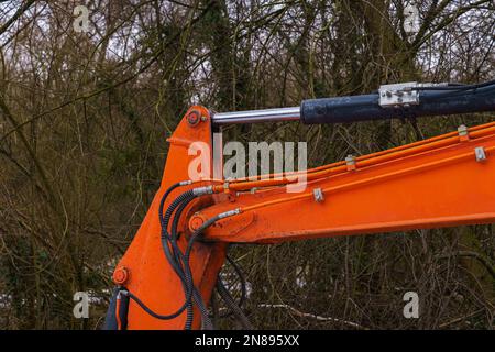 La parte idraulica del braccio dell'escavatore sullo sfondo dei rami dell'albero. Primo piano. Foto Stock