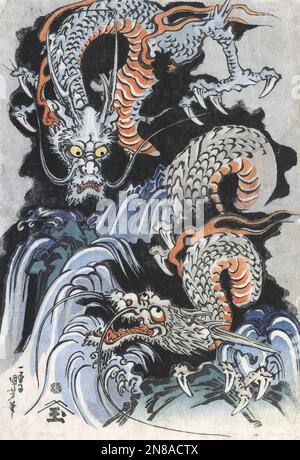 Utagawa Kuniyoshi. Pittura intitolata 'Dragons' di Utagawa Kuniyoshi (1798-1861), stampa a blocchi di legno, inchiostro e colore su carta, c. 1833 Foto Stock