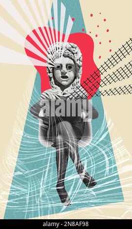 Design creativo di persona mentale positivo pensare utilizzare netbook per chattare persone isolate su sfondo disegno. Divertente buisnesswoman come blogger con la testa della statua seduta con il laptop Foto Stock