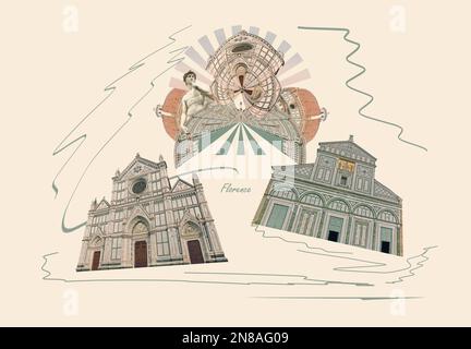 Collage di monumenti storici di Firenze, Italia. Basilica di Santa Maria del Fiore o Basilica di Santa Maria del Fiore a Firenze. Design d'arte Foto Stock