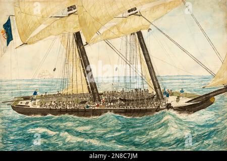 Il Diligenté slaver portoghese catturato da H.M. Sloop Pearl con 600 schiavi a bordo, portato in carica a Nassau. Del tenente Henry Samuel Hawker. Foto Stock