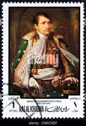 RAS al-KHAIMAH - CIRCA 1970: Un francobollo stampato in Ras al-Khaimah mostra Napoleone, re d'Italia, dipinto di Andrea Appiani, circa 1970 Foto Stock