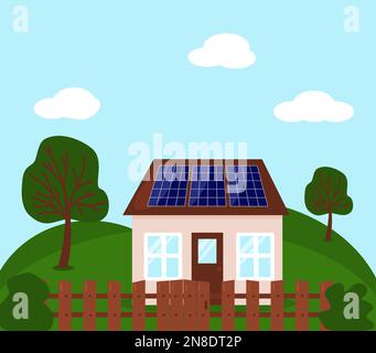 Casa di campagna con pannelli a batteria solare sul tetto, concetto di fonti di energia elettrica alternativa sostenibile, illustrazione vettoriale Illustrazione Vettoriale