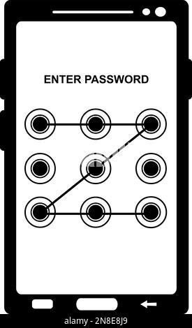 immagine vettoriale icona della sequenza di sblocco di sicurezza del telefono cellulare, disegnata in bianco e nero Illustrazione Vettoriale