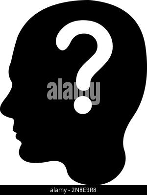 illustrazione vettoriale silhouette nera di una testa del profilo di una persona con un punto interrogativo bianco. Nel concetto di pensare o chiedere una consulenza Illustrazione Vettoriale
