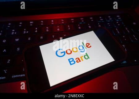 Composito digitale di Google Bard ai logo chatbot sullo schermo del telefono Foto Stock