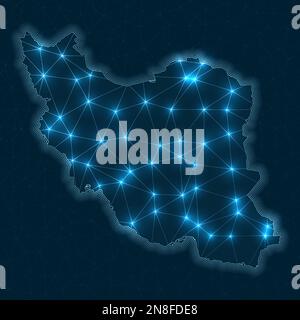 Mappa della rete iraniana. Mappa geometrica astratta del paese. Progettazione di connessioni digitali e telecomunicazioni. Rete Internet luminosa. Illustrazione Vettoriale