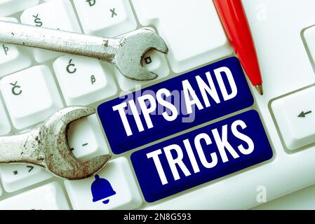 Didascalia di testo Suggerimenti e trucchi per la presentazione. Parola per i consigli utili che rende determinate azioni più facili da fare Foto Stock