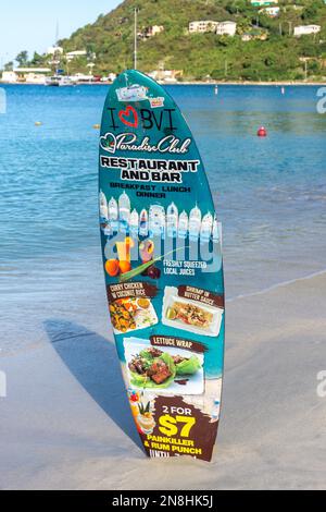 Paradise Club Surfboard Beach menu, cane Garden Bay, Tortola, le Isole Vergini Britanniche (BVI), piccole Antille, Caraibi Foto Stock