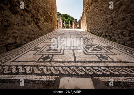 Intatto pavimento in mosaico piastrellato nella ben conservata antica città romana di Pompei Foto Stock