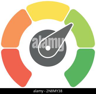 Scala di misurazione radiale da rosso a verde con puntatore a freccia. Indicatore di soddisfazione, temperatura, rischio, valore nominale, prestazioni e feedback o tachimetro di velocità. Illustrazione vettoriale. Illustrazione Vettoriale