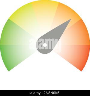 Scala di misurazione radiale da rosso a verde con puntatore a freccia. Indicatore di soddisfazione, temperatura, rischio, valore nominale, prestazioni e feedback o tachimetro di velocità. Illustrazione vettoriale. Illustrazione Vettoriale