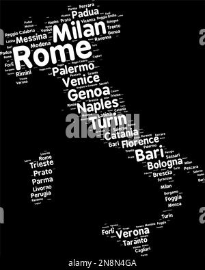 La nuvola di parole in una forma di Italia contiene grandi città. Testo bianco su sfondo nero, illustrazione vettoriale Illustrazione Vettoriale