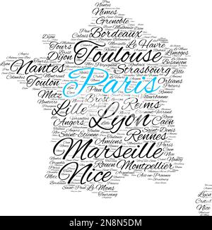 La nuvola di parole in una forma di Francia contiene grandi città. La città di Parigi è blu, illustrazione vettoriale Illustrazione Vettoriale