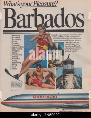 American Arlines magazine advertisement 1981, paper advertt The New York Times magazine Barbados Foto Stock