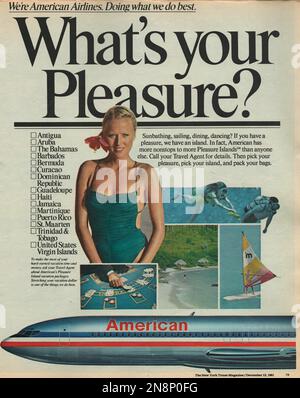 American Arlines magazine advertisement 1981, paper advertt The New York Times magazine What's Your Pleasure Foto Stock