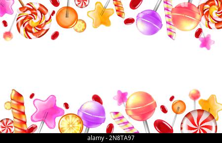 Montatura realistica di caramelle dolci con canna da caramello e lollipop sullo sfondo dell'illustrazione vettoriale Illustrazione Vettoriale