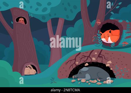 Notte in cartoni animati foresta sfondo con animali selvatici che dormono in albero cavo o burrow piano illustrazione vettore Illustrazione Vettoriale