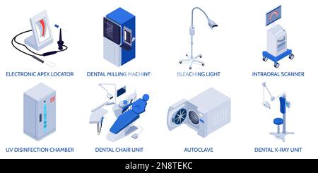 Apparecchiatura dentale Set di composizioni isometriche con unità a raggi X scanner intraorale localizzatore apice autoclave illustrazione vettoriale isolata Illustrazione Vettoriale