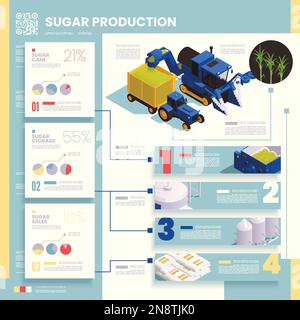 Produzione di zucchero infografica informazioni sulla raccolta di canna da zucchero trasformazione stoccaggio e vendita isometrica vettore illustrazione Illustrazione Vettoriale