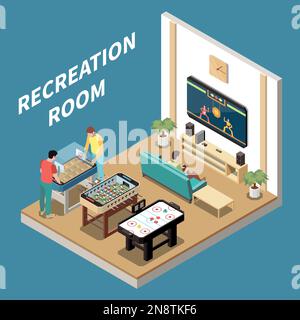 Concetto isometrico di giochi da tavolo e interni con sala ricreativa contenente macchina arcade e video console di illustrazione vettoriale Illustrazione Vettoriale
