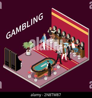 Concetto isometrico del gioco d'azzardo del casinò con tabella del poker e illustrazione vettoriale delle slot machines Illustrazione Vettoriale