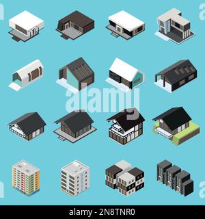 Cornice modulare costruzione icone isometriche insieme con costruzione di case mobili isolato vettore illustrazione Illustrazione Vettoriale