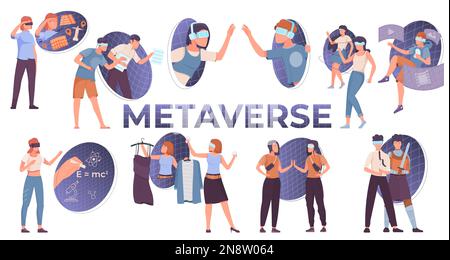 Metaverse flat set di persone che svolgono varie attività utilizzando cuffie per realtà aumentata illustrazione vettoriale isolata Illustrazione Vettoriale
