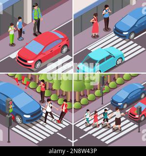 Norme per la sicurezza stradale dei bambini 2x2 Set di composizioni quadrate con viste isometriche dell'illustrazione vettoriale delle traverse urbane Illustrazione Vettoriale