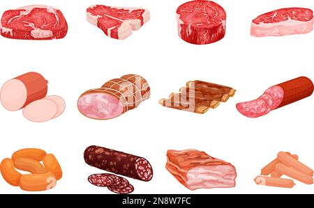 Prodotti a base di carne piatto con immagini isolate di salsicce di bistecche crude e pancetta su sfondo bianco vettore illustrazione Illustrazione Vettoriale