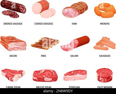 Prodotti a base di carne set piatto con immagini isolate di salsicce prosciutto e pancetta con testo modificabile didascalie vettoriali illustrazione Illustrazione Vettoriale