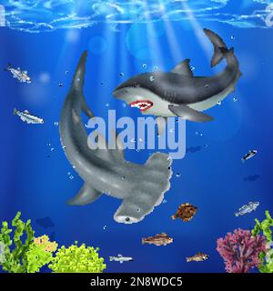 Pesci di squalo realistici in mare su fondo subacqueo profondo illustrazione vettoriale Illustrazione Vettoriale