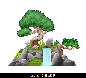 Composizione realistica dell'albero del bonsai con illustrazione decorativa del vettore della cascata Illustrazione Vettoriale