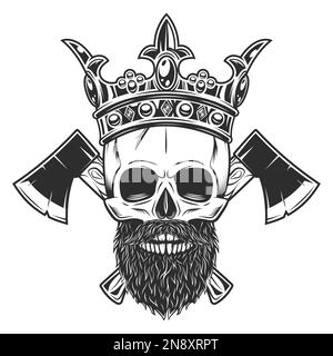 Cranio in corona re reale con baffi e barba e croce di legno ascia lavoro legno lavorazione del legno o lumberjack emblema costruzione strumento Illustrazione Vettoriale