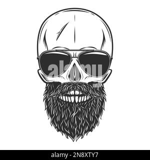 Cranio di Hippster con barba e baffi in occhiali da sole con riflesso. Illustrazione monocromatica isolata su sfondo bianco Foto Stock