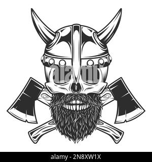 Cranio vichingo bearded e bustached in casco cornato con assi incrociati in stile monocromatico vintage isolato vettore illustrazione Illustrazione Vettoriale