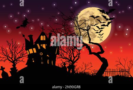 Haunted halloween casa con pipistrelli volanti e strega luna notte abouve le nuvole vettore sfondo Illustrazione Vettoriale