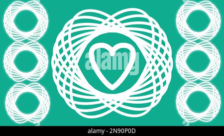 Rendering vettoriale luminoso modello di mandala circolare bianco con forma del cuore isolato su sfondo aqua. Da utilizzare per sfondi desktop, banner, business, ecc. Illustrazione Vettoriale