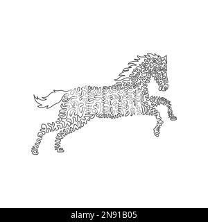 Singolo vortice linea continua disegno di un cavallo carino. Disegno a linea continua disegno grafico vettoriale stile di illustrazione di cavallo erbivoro zoccolato Illustrazione Vettoriale