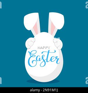 Bunny tenere uovo grande con calligrafia testo felice Pasqua Illustrazione Vettoriale