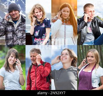 Ritratti di persone che parlano al telefono, collage Foto Stock