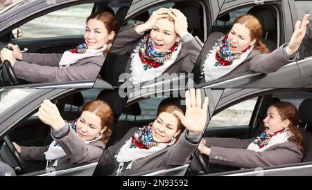 Donna alla guida di un'auto, emozioni e comportamento, collage Foto Stock