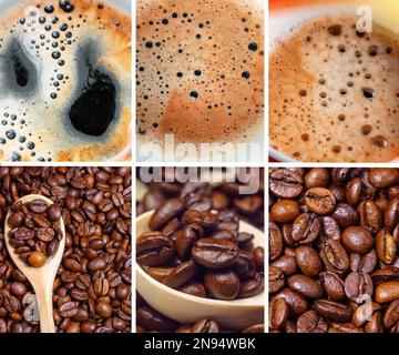 Concetto di caffè, collage fotografico di concetto di caffetteria, vita ferma. Sfondo banner Foto Stock