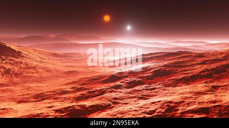 Pianeta caldo e roccioso orbitante due stelle - gigante rosso e nano bianco. rendering 3d Foto Stock