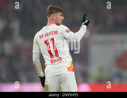 Lipsia, Germania. 11th Feb, 2023. Calcio: Bundesliga, RB Lipsia - 1. FC Union Berlin, Giornata 20, Red Bull Arena. I gesti di Timo Werner a Lipsia. Credit: Robert Michael/dpa - NOTA IMPORTANTE: In conformità ai requisiti della DFL Deutsche Fußball Liga e del DFB Deutscher Fußball-Bund, è vietato utilizzare o utilizzare fotografie scattate nello stadio e/o della partita sotto forma di sequenze di immagini e/o serie di foto simili a video./dpa/Alamy Live News Foto Stock