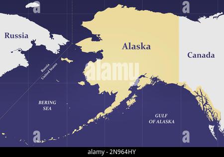 Russia Alaska Map - Mappa semplice raffigurante il confine marittimo tra l'Alaska e la Russia e il confine con l'Alaska Canada - Alaska e il Pacifico settentrionale Foto Stock