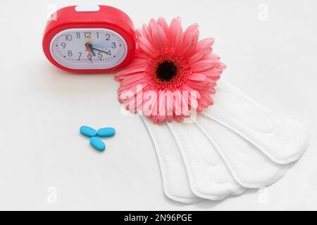 Ciclo mestruale Donne Salute contraccezione Pillole di controllo delle nascite cura Female normale Pad Daily Concept Foto Stock