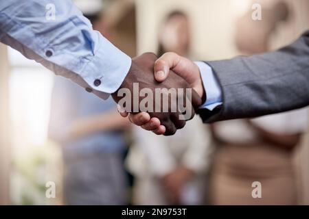 Insieme fare bene grandi cose. due uomini d'affari che scuotono le mani nel saluto. Foto Stock