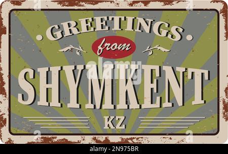 Shymkent su sfondo colorato vintage post-carta piastra metallica Illustrazione Vettoriale